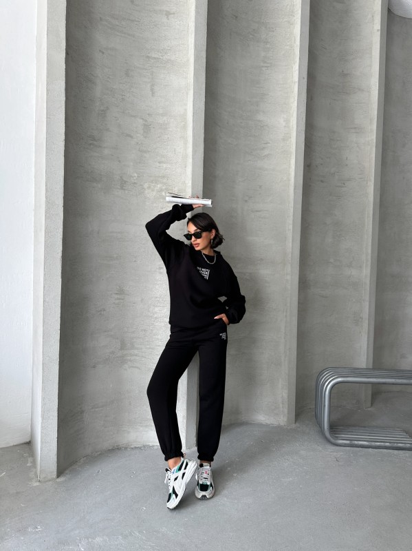 TKM-03626 Siyah Do Not Over Think It Kabartma Yazı Baskılı Bisiklet Yaka Sweatshirt Jogger Üç İplik Şardonlu İkili Takım - 4