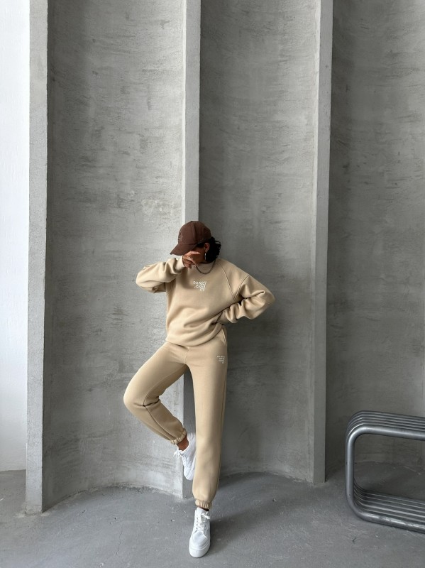 TKM-03626 Vizon Do Not Over Think It Kabartma Yazı Baskılı Bisiklet Yaka Sweatshirt Jogger Üç İplik Şardonlu İkili Takım - 4