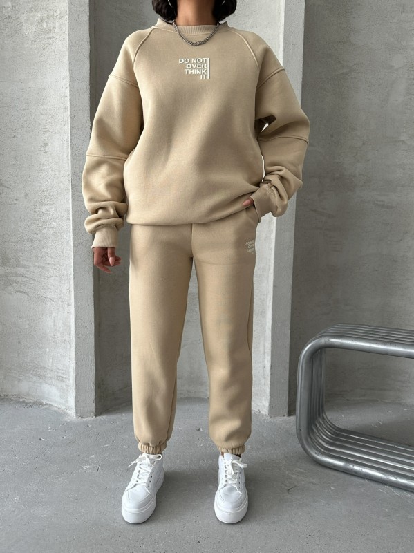 TKM-03626 Vizon Do Not Over Think It Kabartma Yazı Baskılı Bisiklet Yaka Sweatshirt Jogger Üç İplik Şardonlu İkili Takım - 5