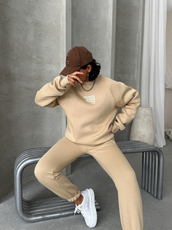 TKM-03626 Vizon Do Not Over Think It Kabartma Yazı Baskılı Bisiklet Yaka Sweatshirt Jogger Üç İplik Şardonlu İkili Takım - 1
