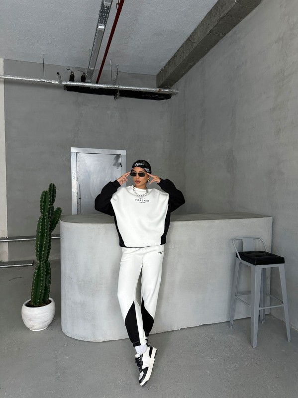 TKM-03628 Siyah Forever Yazı Baskılı Parçalı Salaş Sweat Jogger Üç İplik Şardonlu İkili Takım - 1