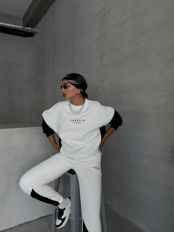 TKM-03628 Siyah Forever Yazı Baskılı Parçalı Salaş Sweat Jogger Üç İplik Şardonlu İkili Takım - 2