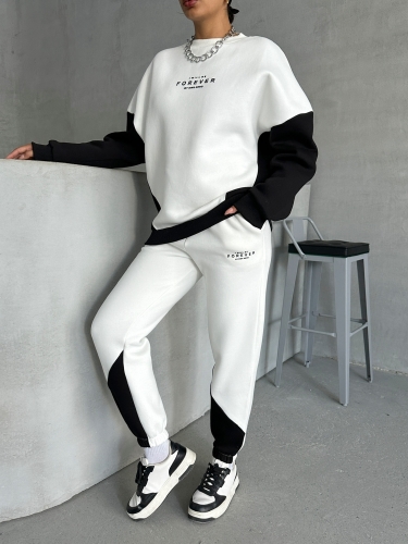 TKM-03628 Siyah Forever Yazı Baskılı Parçalı Salaş Sweat Jogger Üç İplik Şardonlu İkili Takım - 3