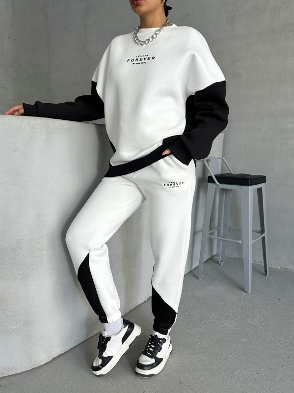 TKM-03628 Siyah Forever Yazı Baskılı Parçalı Salaş Sweat Jogger Üç İplik Şardonlu İkili Takım - 3