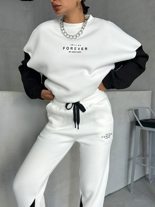 TKM-03628 Siyah Forever Yazı Baskılı Parçalı Salaş Sweat Jogger Üç İplik Şardonlu İkili Takım - 4