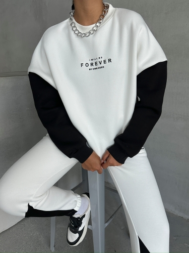 TKM-03628 Siyah Forever Yazı Baskılı Parçalı Salaş Sweat Jogger Üç İplik Şardonlu İkili Takım - 6