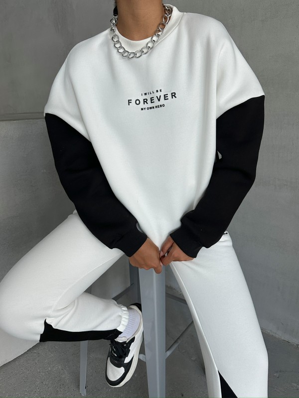 TKM-03628 Siyah Forever Yazı Baskılı Parçalı Salaş Sweat Jogger Üç İplik Şardonlu İkili Takım - 6