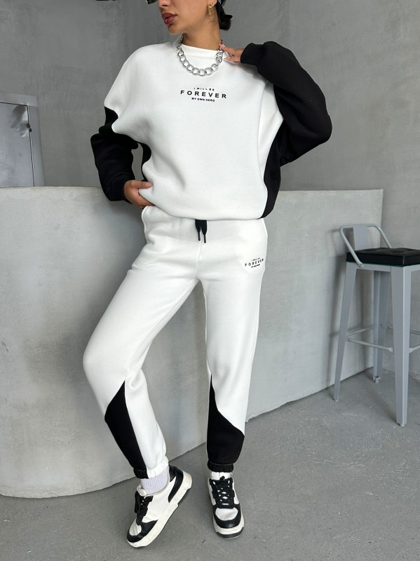 TKM-03628 Siyah Forever Yazı Baskılı Parçalı Salaş Sweat Jogger Üç İplik Şardonlu İkili Takım - 5