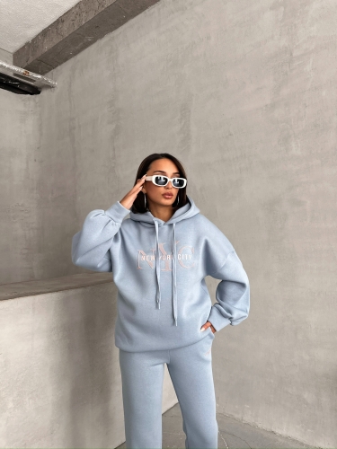 TKM-03631 Bebe Mavi New York City Kabartma Baskılı Salaş Kapüşonlu Sweatshirt Jogger Eşofman İkili Takım - 3