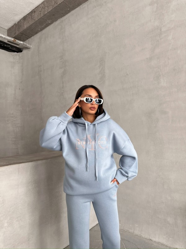 TKM-03631 Bebe Mavi New York City Kabartma Baskılı Salaş Kapüşonlu Sweatshirt Jogger Eşofman İkili Takım - 3