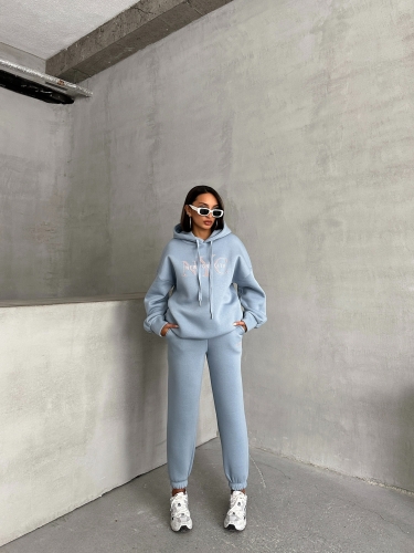 TKM-03631 Bebe Mavi New York City Kabartma Baskılı Salaş Kapüşonlu Sweatshirt Jogger Eşofman İkili Takım 