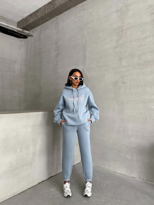 TKM-03631 Bebe Mavi New York City Kabartma Baskılı Salaş Kapüşonlu Sweatshirt Jogger Eşofman İkili Takım - 1