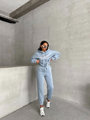 TKM-03631 Bebe Mavi New York City Kabartma Baskılı Salaş Kapüşonlu Sweatshirt Jogger Eşofman İkili Takım - 4