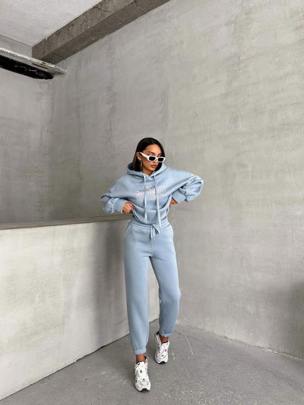 TKM-03631 Bebe Mavi New York City Kabartma Baskılı Salaş Kapüşonlu Sweatshirt Jogger Eşofman İkili Takım - 4