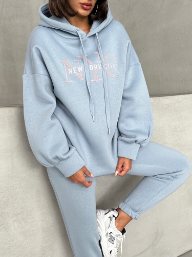 TKM-03631 Bebe Mavi New York City Kabartma Baskılı Salaş Kapüşonlu Sweatshirt Jogger Eşofman İkili Takım - 2