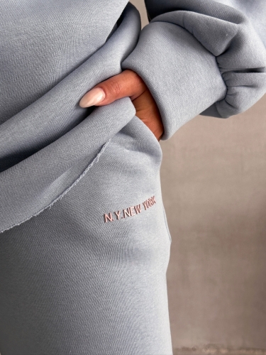 TKM-03631 Bebe Mavi New York City Kabartma Baskılı Salaş Kapüşonlu Sweatshirt Jogger Eşofman İkili Takım - 5