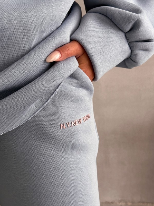 TKM-03631 Bebe Mavi New York City Kabartma Baskılı Salaş Kapüşonlu Sweatshirt Jogger Eşofman İkili Takım - 5