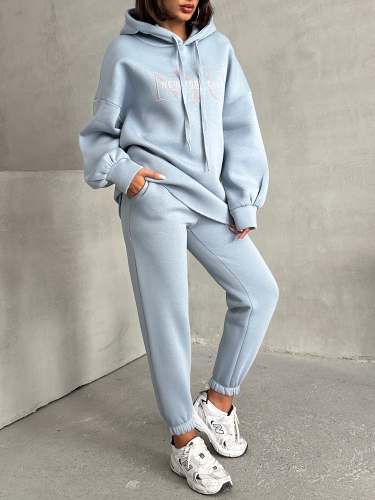 TKM-03631 Bebe Mavi New York City Kabartma Baskılı Salaş Kapüşonlu Sweatshirt Jogger Eşofman İkili Takım - 6