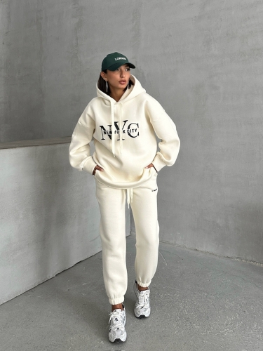 TKM-03631 Beyaz New York City Kabartma Baskılı Salaş Kapüşonlu Sweatshirt Jogger Eşofman İkili Takım - 3