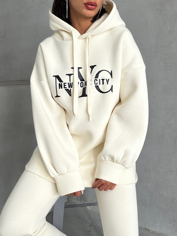 TKM-03631 Beyaz New York City Kabartma Baskılı Salaş Kapüşonlu Sweatshirt Jogger Eşofman İkili Takım - 2