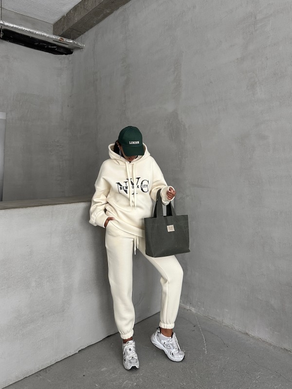 TKM-03631 Beyaz New York City Kabartma Baskılı Salaş Kapüşonlu Sweatshirt Jogger Eşofman İkili Takım - 4