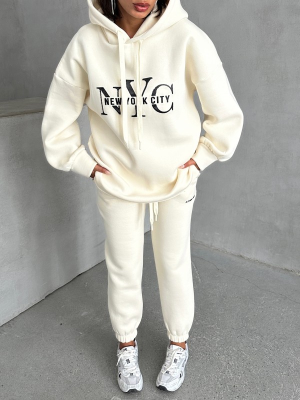 TKM-03631 Beyaz New York City Kabartma Baskılı Salaş Kapüşonlu Sweatshirt Jogger Eşofman İkili Takım - 5