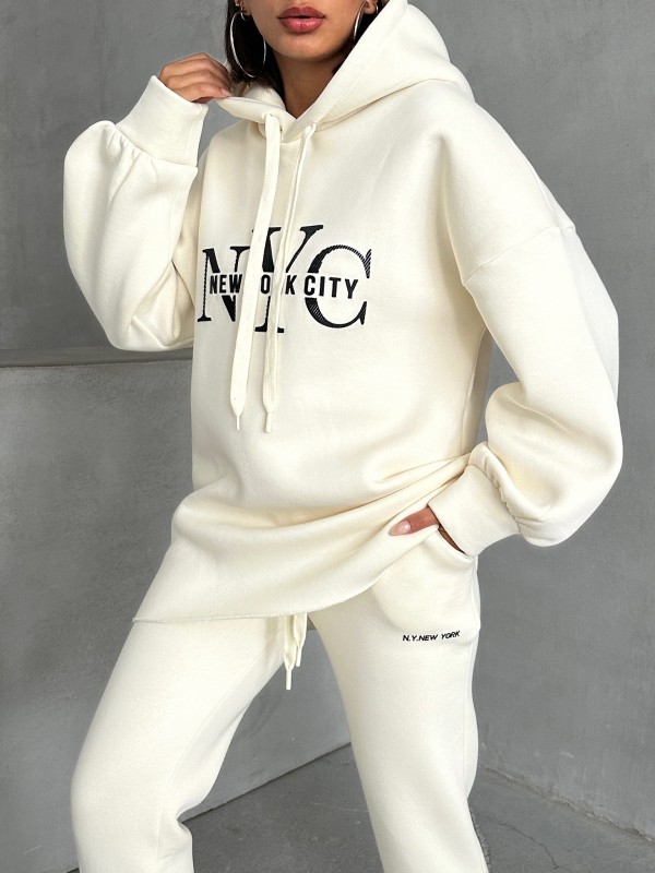 TKM-03631 Beyaz New York City Kabartma Baskılı Salaş Kapüşonlu Sweatshirt Jogger Eşofman İkili Takım - 6
