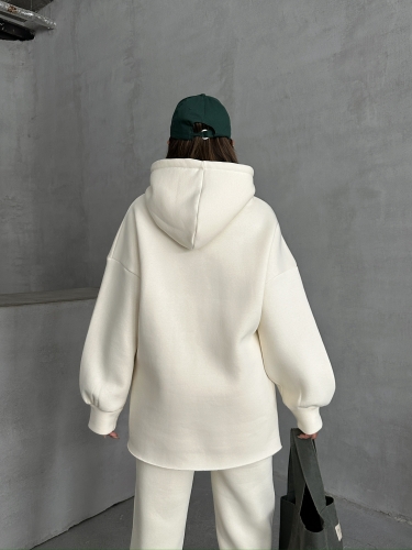 TKM-03631 Beyaz New York City Kabartma Baskılı Salaş Kapüşonlu Sweatshirt Jogger Eşofman İkili Takım - 7