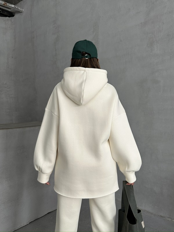 TKM-03631 Beyaz New York City Kabartma Baskılı Salaş Kapüşonlu Sweatshirt Jogger Eşofman İkili Takım - 7