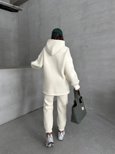 TKM-03631 Beyaz New York City Kabartma Baskılı Salaş Kapüşonlu Sweatshirt Jogger Eşofman İkili Takım - 8