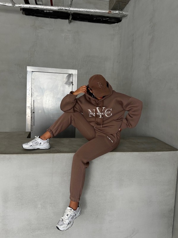TKM-03631 Kahverengi New York City Kabartma Baskılı Salaş Kapüşonlu Sweatshirt Jogger Eşofman İkili Takım - 1