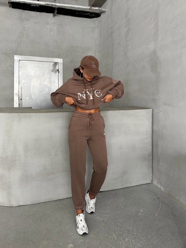 TKM-03631 Kahverengi New York City Kabartma Baskılı Salaş Kapüşonlu Sweatshirt Jogger Eşofman İkili Takım - 4