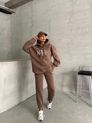 TKM-03631 Kahverengi New York City Kabartma Baskılı Salaş Kapüşonlu Sweatshirt Jogger Eşofman İkili Takım - 6