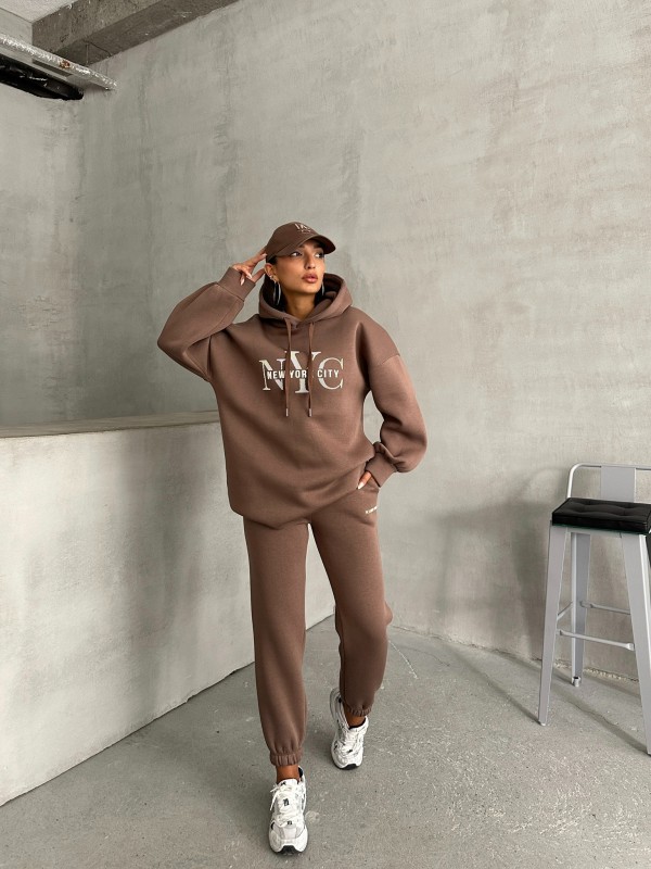 TKM-03631 Kahverengi New York City Kabartma Baskılı Salaş Kapüşonlu Sweatshirt Jogger Eşofman İkili Takım - 6