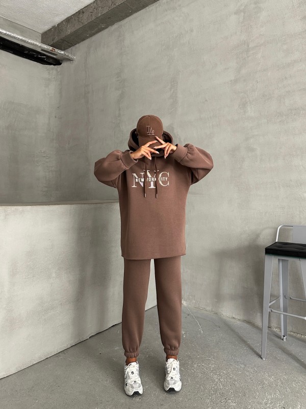 TKM-03631 Kahverengi New York City Kabartma Baskılı Salaş Kapüşonlu Sweatshirt Jogger Eşofman İkili Takım - 2
