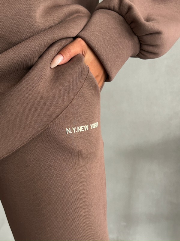 TKM-03631 Kahverengi New York City Kabartma Baskılı Salaş Kapüşonlu Sweatshirt Jogger Eşofman İkili Takım - 5