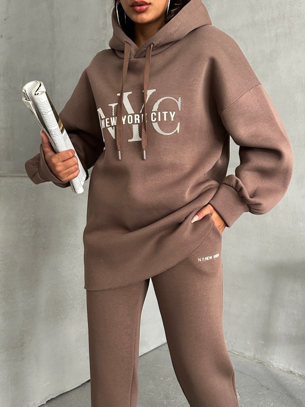 TKM-03631 Kahverengi New York City Kabartma Baskılı Salaş Kapüşonlu Sweatshirt Jogger Eşofman İkili Takım - 3