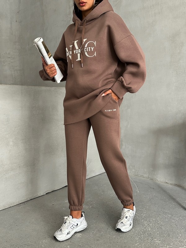 TKM-03631 Kahverengi New York City Kabartma Baskılı Salaş Kapüşonlu Sweatshirt Jogger Eşofman İkili Takım - 7