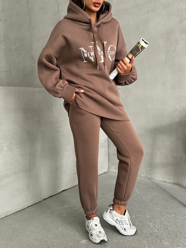 TKM-03631 Kahverengi New York City Kabartma Baskılı Salaş Kapüşonlu Sweatshirt Jogger Eşofman İkili Takım - 8