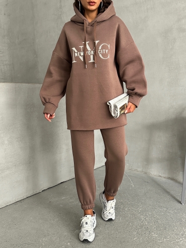 TKM-03631 Kahverengi New York City Kabartma Baskılı Salaş Kapüşonlu Sweatshirt Jogger Eşofman İkili Takım - 9