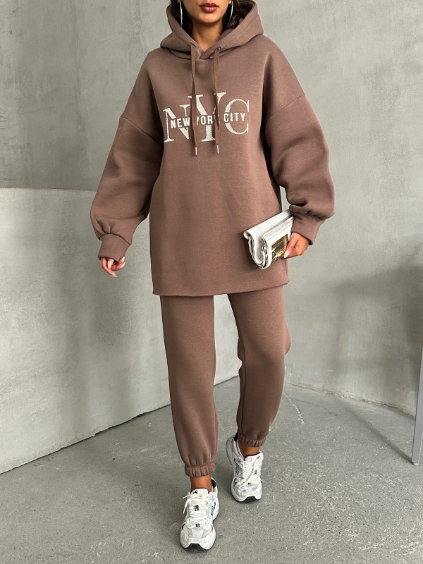 TKM-03631 Kahverengi New York City Kabartma Baskılı Salaş Kapüşonlu Sweatshirt Jogger Eşofman İkili Takım - 9