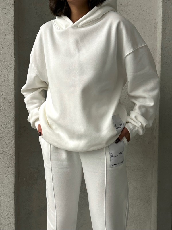TKM-03634 Beyaz Etiket Detaylı Kapüşonlu Sweatshirt Çimalı Jogger İki İplik Şardonlu İkili Takım - 2