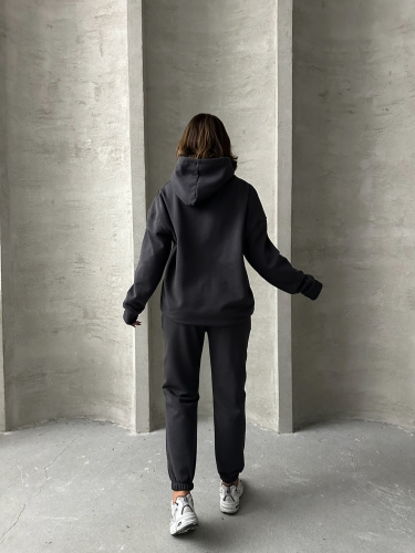 TKM-03634 Füme Etiket Detaylı Kapüşonlu Sweatshirt Çimalı Jogger İki İplik Şardonlu İkili Takım - 8