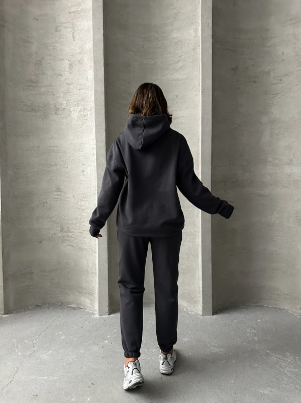 TKM-03634 Füme Etiket Detaylı Kapüşonlu Sweatshirt Çimalı Jogger İki İplik Şardonlu İkili Takım - 8