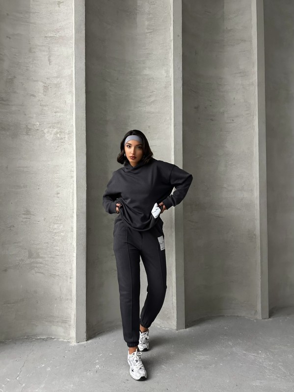 TKM-03634 Füme Etiket Detaylı Kapüşonlu Sweatshirt Çimalı Jogger İki İplik Şardonlu İkili Takım - 5