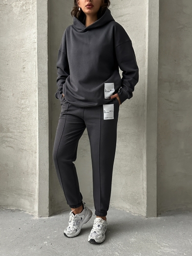 TKM-03634 Füme Etiket Detaylı Kapüşonlu Sweatshirt Çimalı Jogger İki İplik Şardonlu İkili Takım - 2