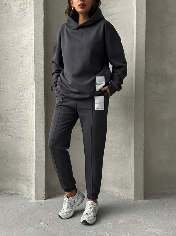 TKM-03634 Füme Etiket Detaylı Kapüşonlu Sweatshirt Çimalı Jogger İki İplik Şardonlu İkili Takım - 2