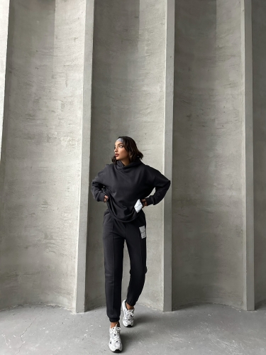 TKM-03634 Füme Etiket Detaylı Kapüşonlu Sweatshirt Çimalı Jogger İki İplik Şardonlu İkili Takım 