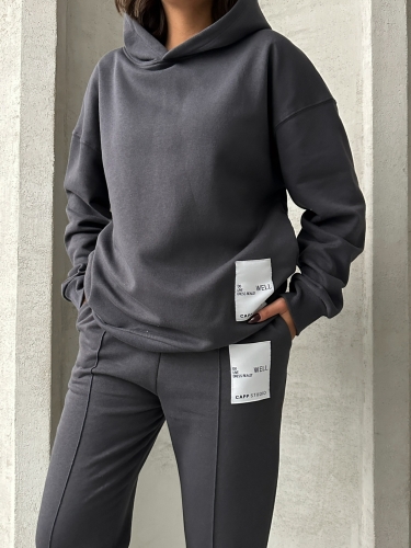 TKM-03634 Füme Etiket Detaylı Kapüşonlu Sweatshirt Çimalı Jogger İki İplik Şardonlu İkili Takım - 4