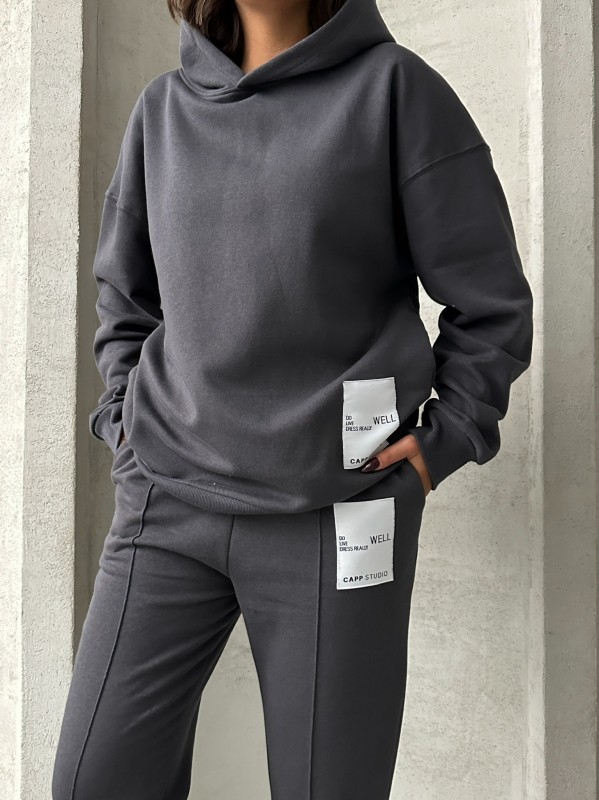 TKM-03634 Füme Etiket Detaylı Kapüşonlu Sweatshirt Çimalı Jogger İki İplik Şardonlu İkili Takım - 4